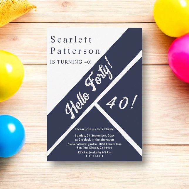 Convite Aniversário de 40 anos branco-branco Marinho chic  (Criador carregado)