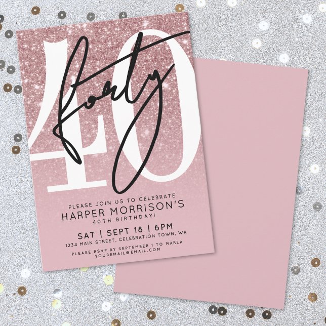 Convite aniversário de 40 anos Brilhante cor-de-rosa com r (Rose Gold Blush Pink Glitter 40th Birthday Invitation)