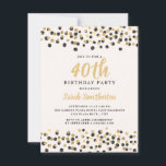 Convite Aniversário de 40 anos brilhante Dourado de Confet<br><div class="desc">Glitter elegante de confete preto e ouro no convite de festas branco de aniversário de 40 anos para mulheres.</div>