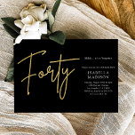 Convite Aniversário de 40 anos brilhante preto e Dourado<br><div class="desc">O Simple Black and Dourado Glitter aniversário de 40 anos Invitation apresenta um design moderno, subestimado, com uma folha de ouro "quarenta" elegante em roteiro manuscrito. Contra um fundo negro, exude um senso de minimalismo moderno e elegância. Este convite é a escolha perfeita para homens e mulheres celebrando este marco...</div>