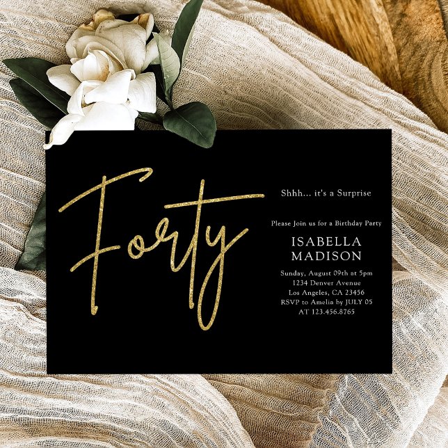 Convite Aniversário de 40 anos brilhante preto e Dourado (Simple Black and Gold Glitter 40th Birthday Invitation
)