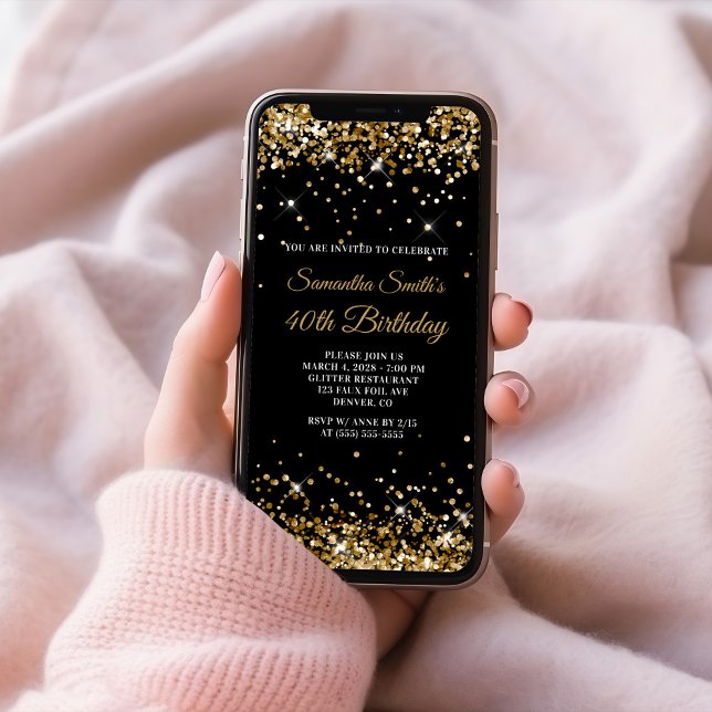 Convite Aniversário de 40 anos brilhante preto e Dourado (Black and Gold Glitter 40th Birthday Invitation)