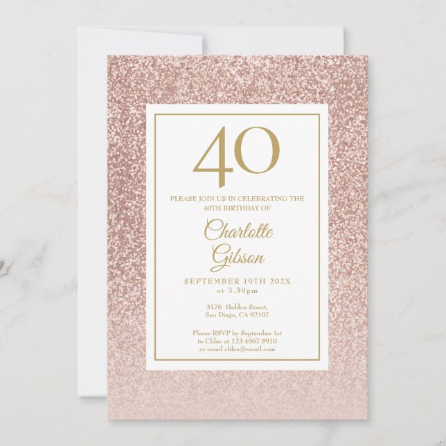 Convite aniversário de 40 anos brilhante Rosa Dourado (Frente)