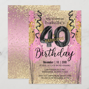 Convite Aniversário de 40 anos brilhante rosa e Dourado