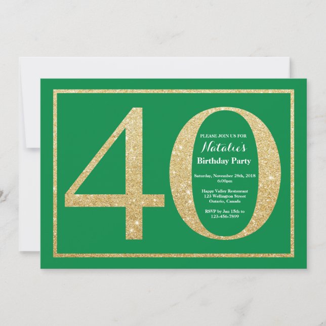 Convite Aniversário de 40 anos Brilho Verde e Dourado (Frente)