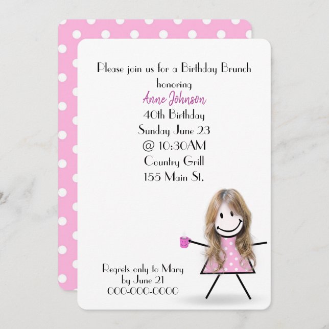 Convite aniversário de 40 anos Brunch Stick Girl (Frente/Verso)