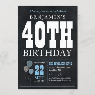 Convite aniversário de 40 anos Chalkboard Blue Balloon Rus