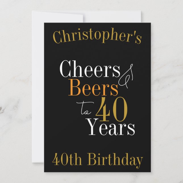 Convite aniversário de 40 anos Cheers e Beers Black Dourad (Frente)