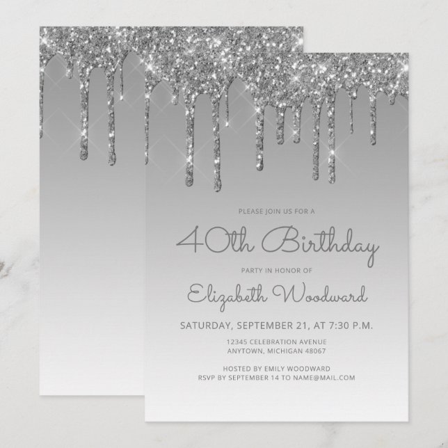 Convite Aniversário de 40 anos Chic Glitter Drip Prata (Frente/Verso)