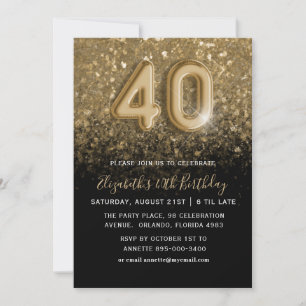 Convite Aniversário de 40 anos com Glitter Dourado e Preto