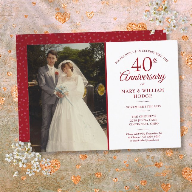 Convite Aniversário de 40 anos Confete de Coração Rubi Fot (40th Anniversary Ruby Heart Confetti Wedding Photo Invitation)