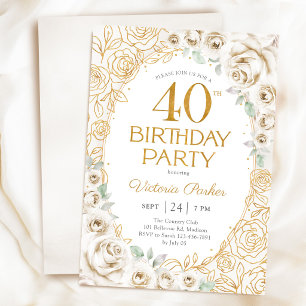 Convite Aniversário de 40 anos Creme Dourado Floral Femini