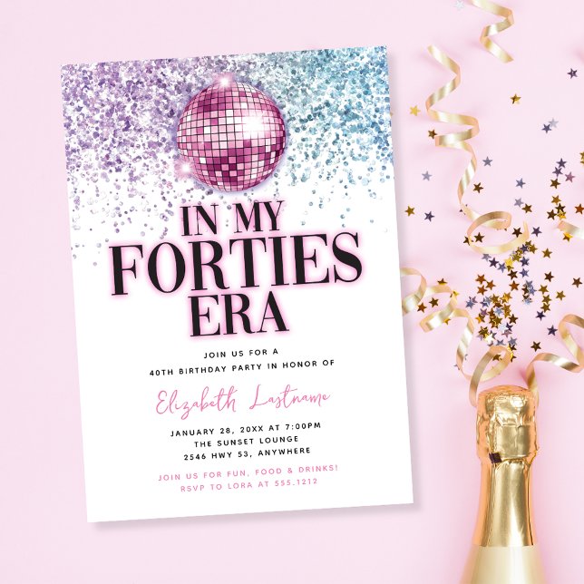 Convite Aniversário de 40 anos da Era Quarenta Glitter Dis (Trendy Glitter Disco Forties Era 40th Birthday Invitation)