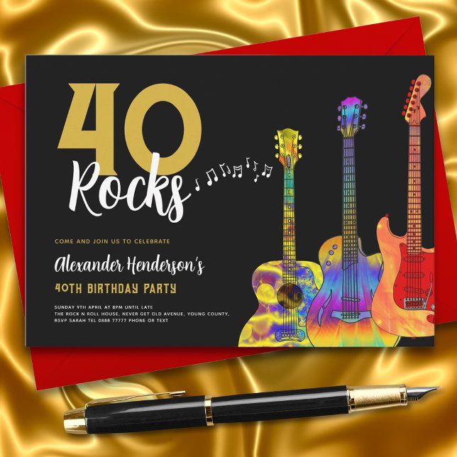 Convite aniversário de 40 anos da festa 40: Violão de roch (Rock and roll guitar black and gold 40th birthday party invitation guitarist musician music lover)