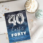 Convite Aniversário de 40 anos de 40 balões azuis e pratea<br><div class="desc">Convite de festas aniversário de 40 anos moderno projetado com um fundo azul-impermeável, confete de bolhas transparente e 40 balões de hélio grandes e prateados. O nome é escrito em um texto branco elegante, caligrafia, com um simples modelo de aniversário por baixo, que é fácil de personalizar. Fundo listrado de...</div>