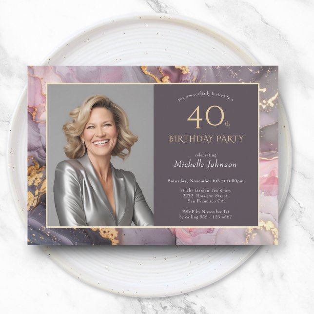 Convite Aniversário de 40 anos de Agate de Fotografia Dour (Elegant Pink Gold Photo Agate 40th Birthday Invitation)