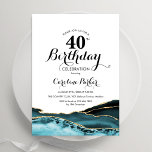 Convite Aniversário de 40 anos de Agate Dourado branco de<br><div class="desc">Turquesa, branco e convite de festas de agata de ouro. Elegante design moderno com aquarela agate marble geode background, faux glitter gold e typografia script font. Trendy convida o cartão perfeito para uma comemoração de dia das mulheres na moda. Impressos convites Zazzle ou modelo de impressão digital instantânea para download....</div>