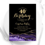 Convite Aniversário de 40 anos de Agate Dourado preto-roxo<br><div class="desc">Convite de festas aniversário de 40 anos roxo, preto e dourado. Elegante design moderno com aquarela agate marble geode background, faux glitter gold e typografia script font. Trendy convida o cartão perfeito para uma comemoração de dia das mulheres na moda. Impressos convites Zazzle ou modelo de impressão digital instantânea para...</div>