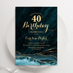 Convite Aniversário de 40 anos de Agate Dourado Teal<br><div class="desc">Convite de festas de aniversário de 40 anos de chá e de ouro agata. Elegante design moderno com cor azul-d-água azul-turquesa agate marble background, faux glitter gold e typografia script font. Trendy convida o cartão perfeito para uma comemoração de dia das mulheres na moda. Impressos convites Zazzle ou modelo de...</div>