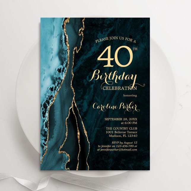 Convite Aniversário de 40 anos de Agate Dourado Teal (Criador carregado)