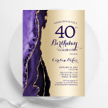 Convite Aniversário de 40 anos de Agato Roxo Elegante Dour<br><div class="desc">Convite de festas de aniversário de 40 anos de agato roxo e dourado. Elegante design moderno com aquarela agate marble geode background, faux glitter gold e typografia script font. Trendy convida o cartão perfeito para uma comemoração de dia das mulheres na moda. Impressos convites Zazzle ou modelo de impressão digital...</div>