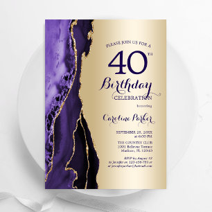 Convite Aniversário de 40 anos de Agato Roxo Elegante Dour