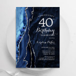 Convite aniversário de 40 anos de Agregação de Prata Azul<br><div class="desc">convite de festas aniversário de 40 anos azul marinho e agate prateado. Elegante design moderno com cor azul-real de água agate marble geode fundo, faux glitter prata e script de tipografia. Trendy convida o cartão perfeito para uma comemoração de dia das mulheres na moda. Impressos convites Zazzle ou modelo de...</div>