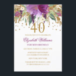 Convite Aniversário de 40 anos de Ametist Floral Glitter E<br><div class="desc">Mais convites florais na loja Little Bayleigh! Utilizámos o trabalho de arte de: www.createthecut.com</div>