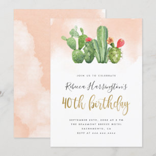 Convite aniversário de 40 anos de Aquarela Rosa e Cactus