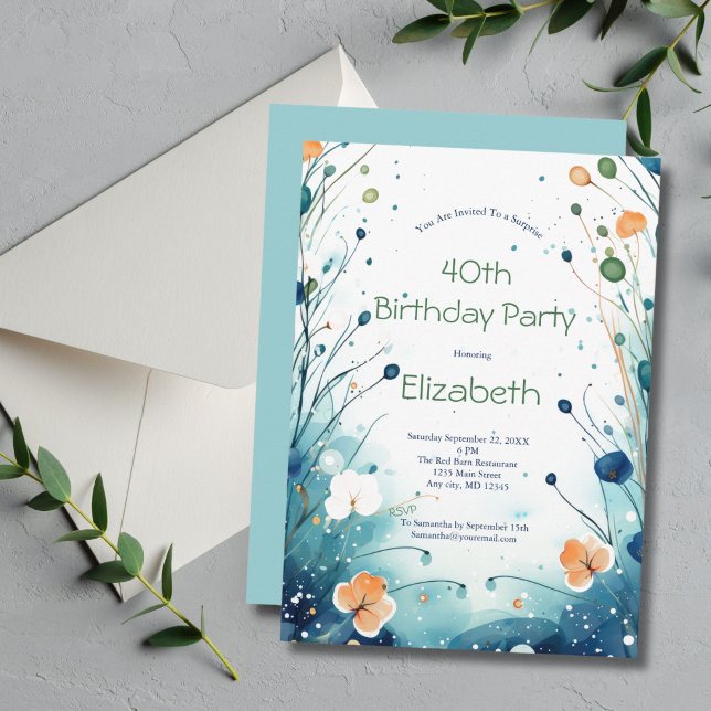 Convite Aniversário de 40 anos de Aquarela Verde Verde Azu (Blue Green Orange Watercolor Floral Birthday invitation for her. Editable for any year)