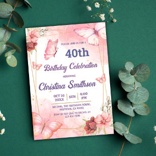 Convite Aniversário de 40 anos de borboleta floral rosa el