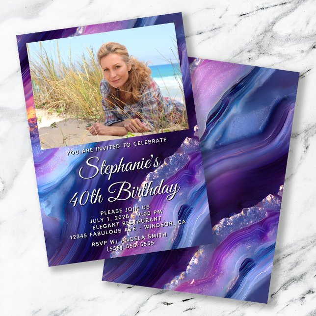 Convite Aniversário de 40 anos de Borda de Foto de Agato R (Blue Purple Agate Photo Border 40th Birthday Invitation)