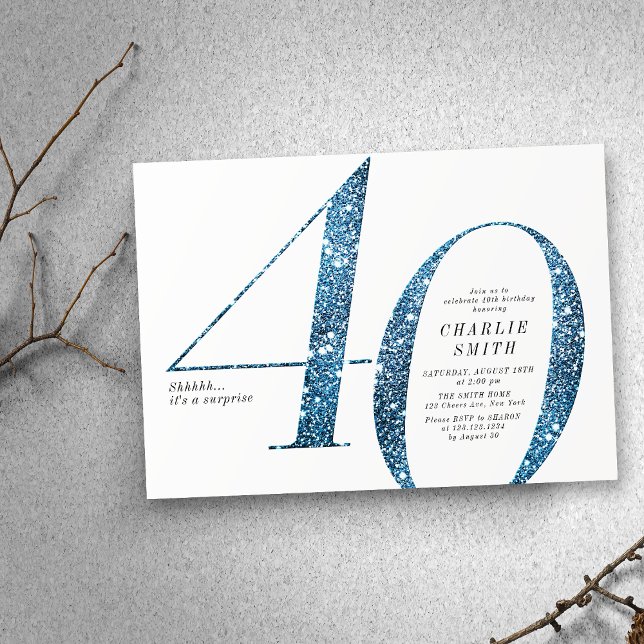 Convite Aniversário de 40 anos de brilho azul moderno mini (Modern minimalist faux blue glitter 40th birthday invitation)