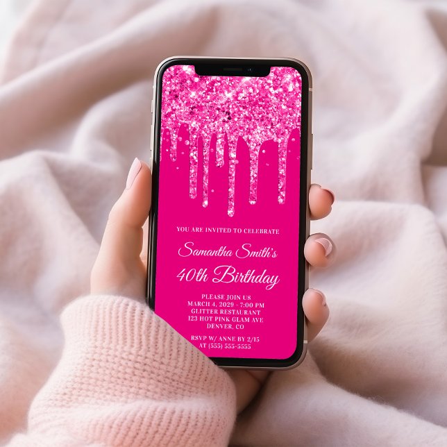 Convite Aniversário de 40 anos de brilho com pino quente (Hot Pink Dripping Glitter 40th Birthday Invitation)