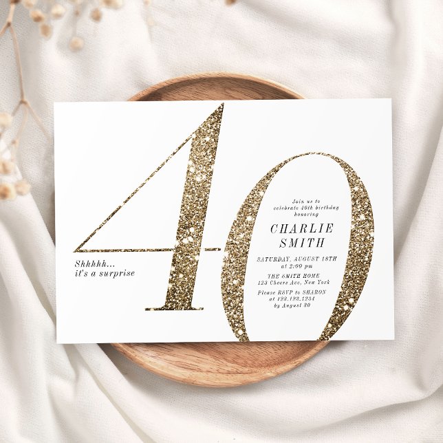 Convite Aniversário de 40 anos de brilho dourado moderno m (Modern minimalist faux gold glitter 40th birthday invitation)