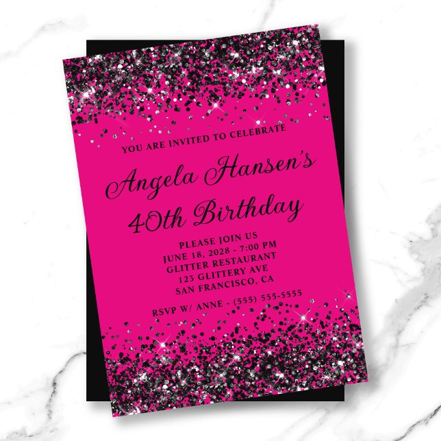 Convite Aniversário de 40 anos de brilho preto e rosa quen (Hot Pink and Black Glitter 40th Birthday Invitation)