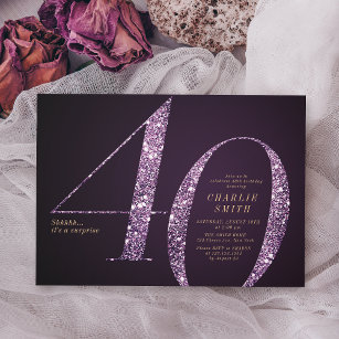 Convite Aniversário de 40 anos de brilho roxo minimalista 