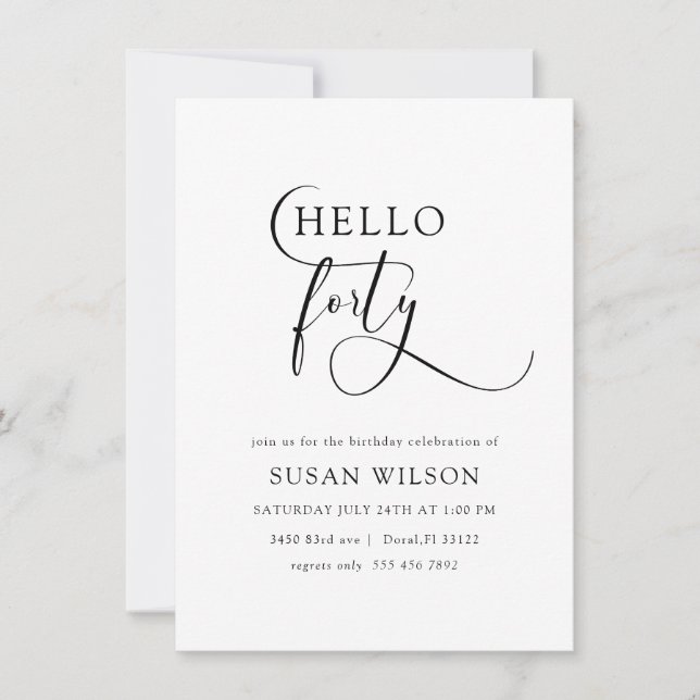 Convite Aniversário de 40 anos de Caligrafia Elegante Mode (Frente)