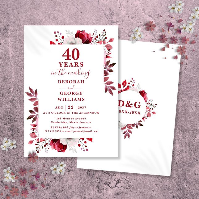 Convite Aniversário de 40 anos de casamento Chic Ruby Flor (Chic Ruby 40th Wedding Anniversary Floral Invitation)