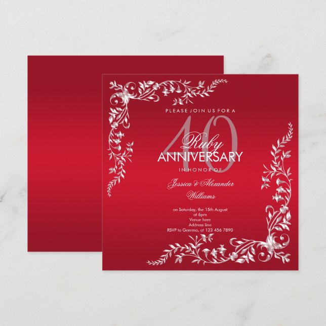 Convite Aniversário de 40 anos de casamento com decoração  (Frente/Verso)