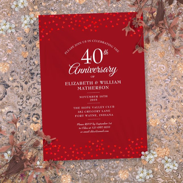 Convite Aniversário de 40 anos de Casamento Confetes de Co (40th Wedding Anniversary Ruby Love Hearts Confetti Invitation)
