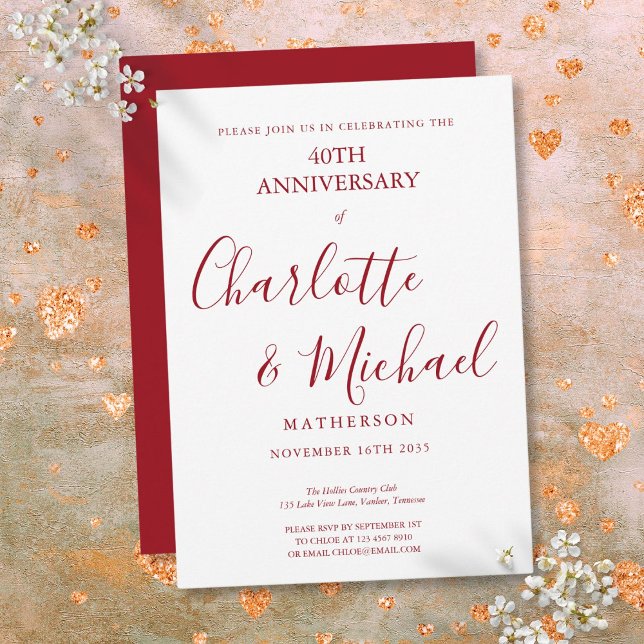 Convite Aniversário de 40 anos de Casamento em Rubi com Gr (40th Wedding Anniversary Ruby Elegant Script Invitation)