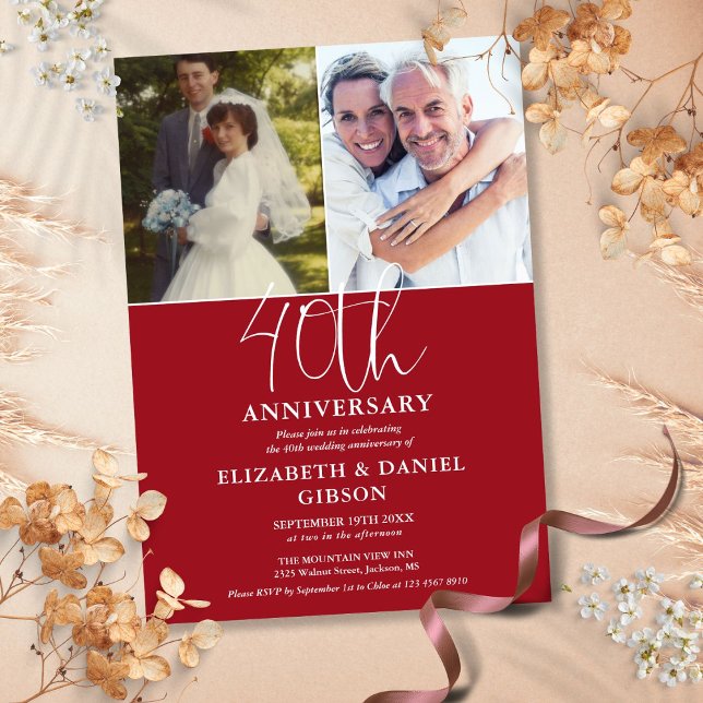 Convite Aniversário de 40 anos de casamento Então e Agora  (40th Wedding Anniversary Then And Now 2 Photo Invitation)