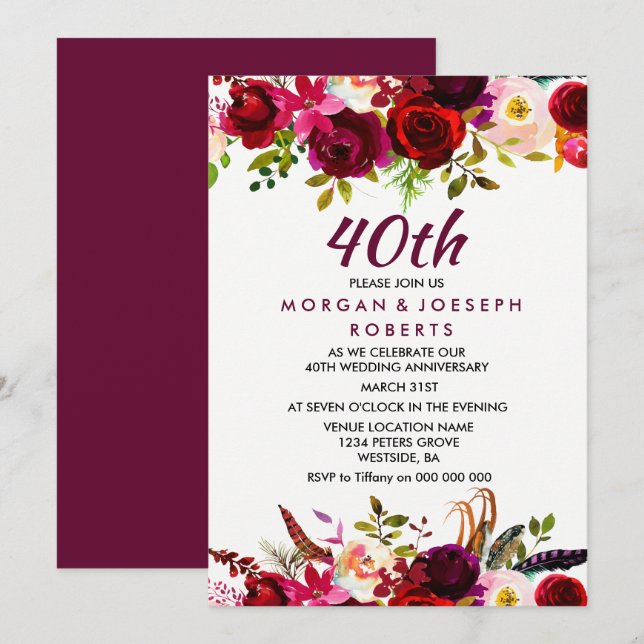 Convite Aniversário de 40 anos de casamento floral burgund (Frente/Verso)
