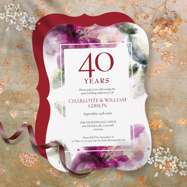 Convite Aniversário de 40 anos de Casamento Rubi Elegante  (Ruby 40th Wedding Anniversary Elegant Floral Invitation)