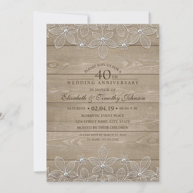 Convite Aniversário de 40 anos de Casamento Rustic Madeira (Frente)