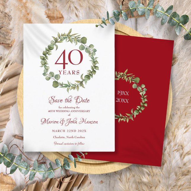 Convite Aniversário de 40 anos de Casamento - Salve a Data (Greenery 40th Wedding Anniversary Save the Date Invitation)