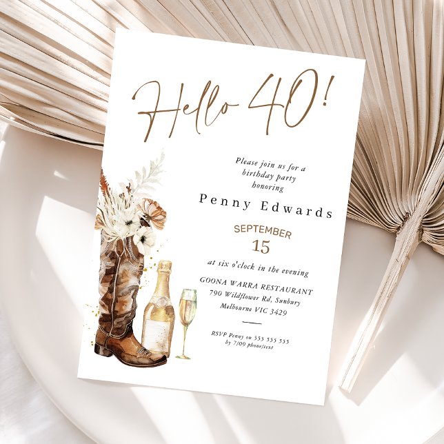 Convite Aniversário de 40 anos de Champanhe Rustic Floral  (Western Cowgirl 40th Birthday Invitation, Hello 40 Cowgirl Boot Birthday Invitation, Boho Floral)