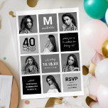 Convite Aniversário de 40 anos de Colagem de Fotos Branca<br><div class="desc">Convites de festas de aniversário de 40 anos contemporâneos com uma colagem de fotos moderna,  preto na moda e quadrados de cinza,  e um modelo de texto na moda para você personalizar com suas próprias informações de celebração.</div>