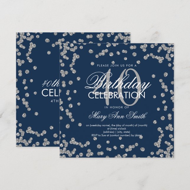 Convite aniversário de 40 anos de Confetti Azul com Marinh (Frente/Verso)